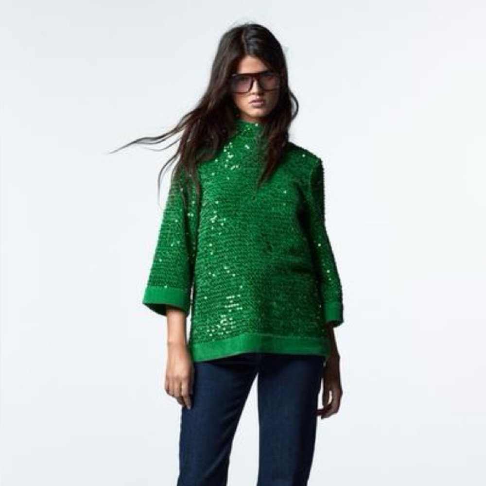 Zara Green Sequin Top, Size Medium